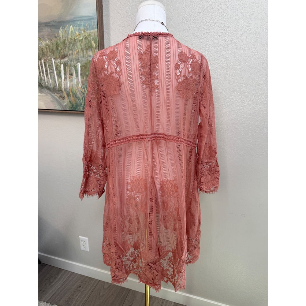 Boho Lace Kimono Dusty Rose Crochet Duster Cardigan Festival Cover Up - Picture 3 of 6
